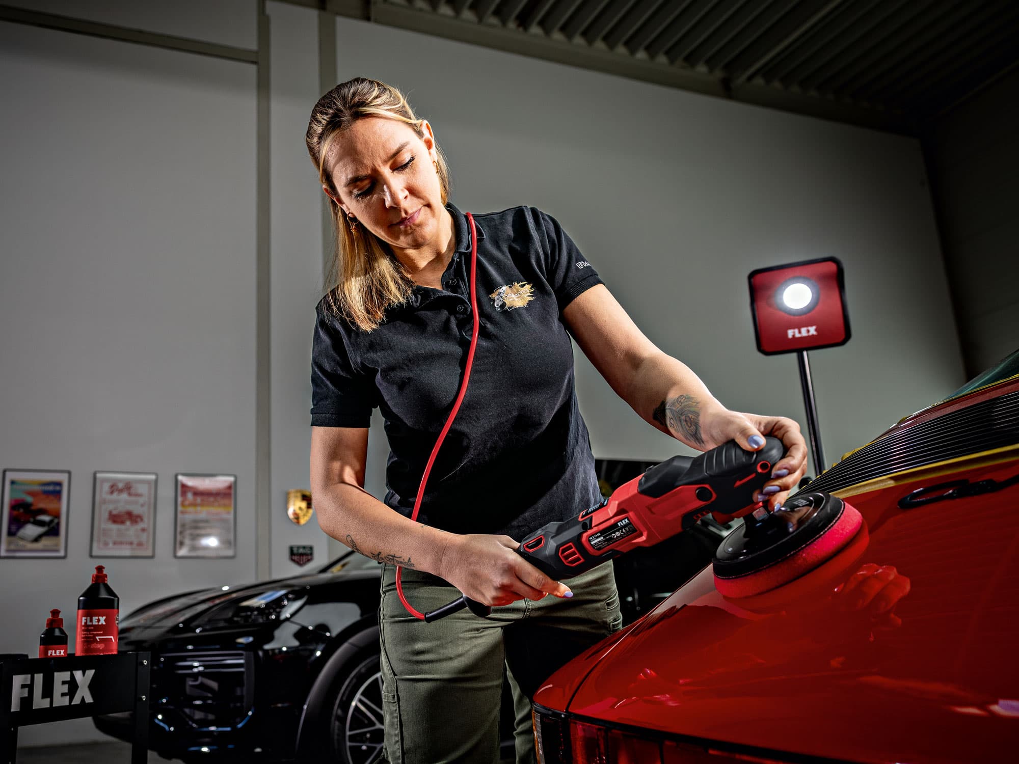 
FLEX PE 2 14-EC cable rotary polisher for intensive paint correction on a vehicle