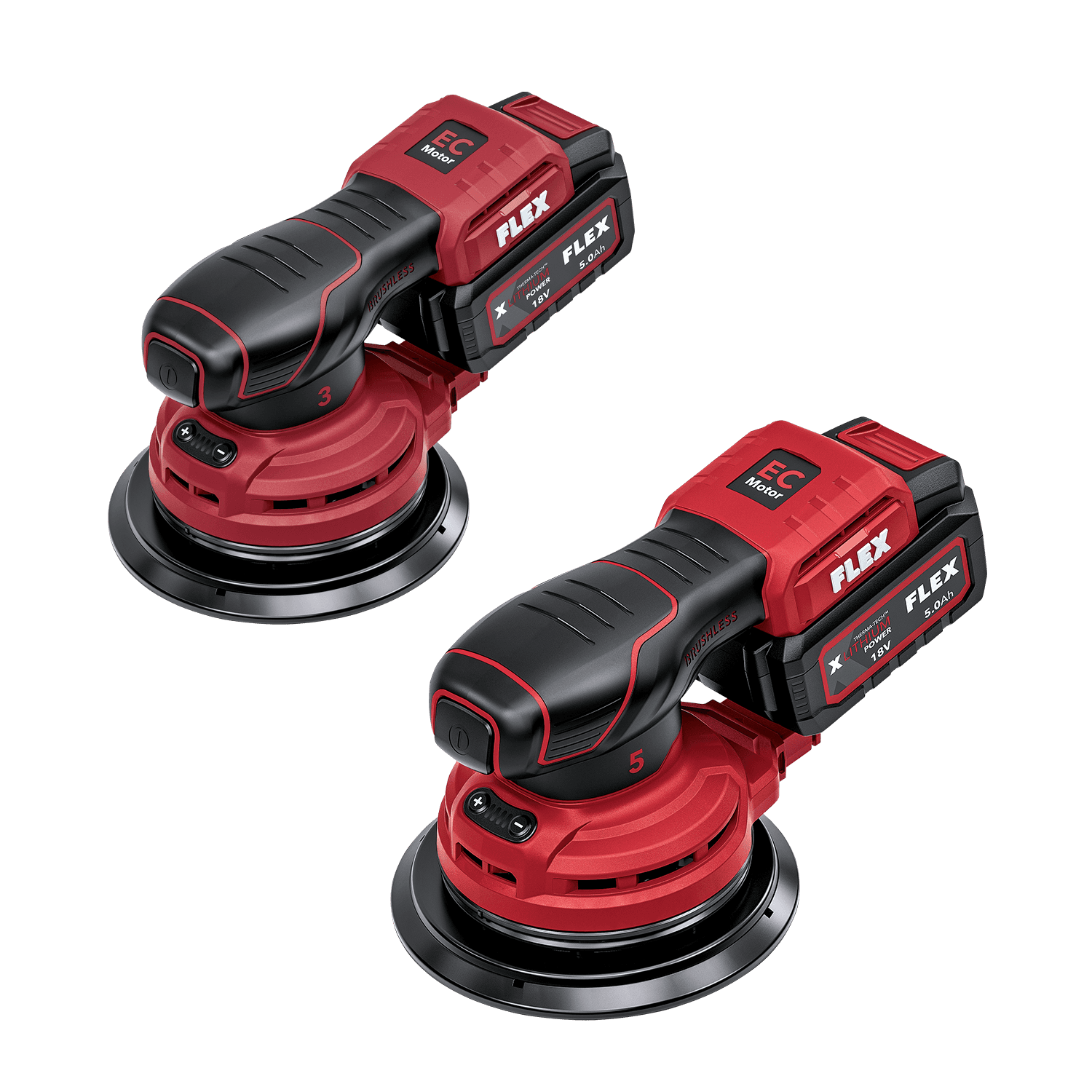 Two cordless random orbital sanders from FLEX, models ORE 3-150 18-EC and ORE 5-150 18-EC, in red and black with battery pack attached, side by side on a transparent background